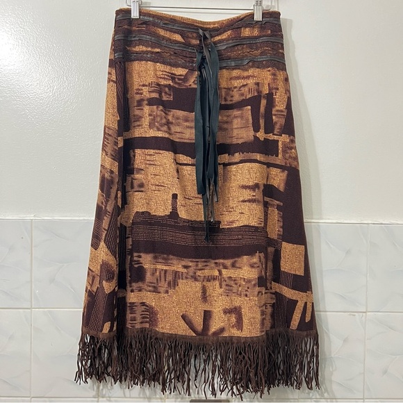 Vese 8 Brown Tan A-line Lace Trim Front Tie Zip Fringe Western Cowgirl Skirt - Picture 1 of 9